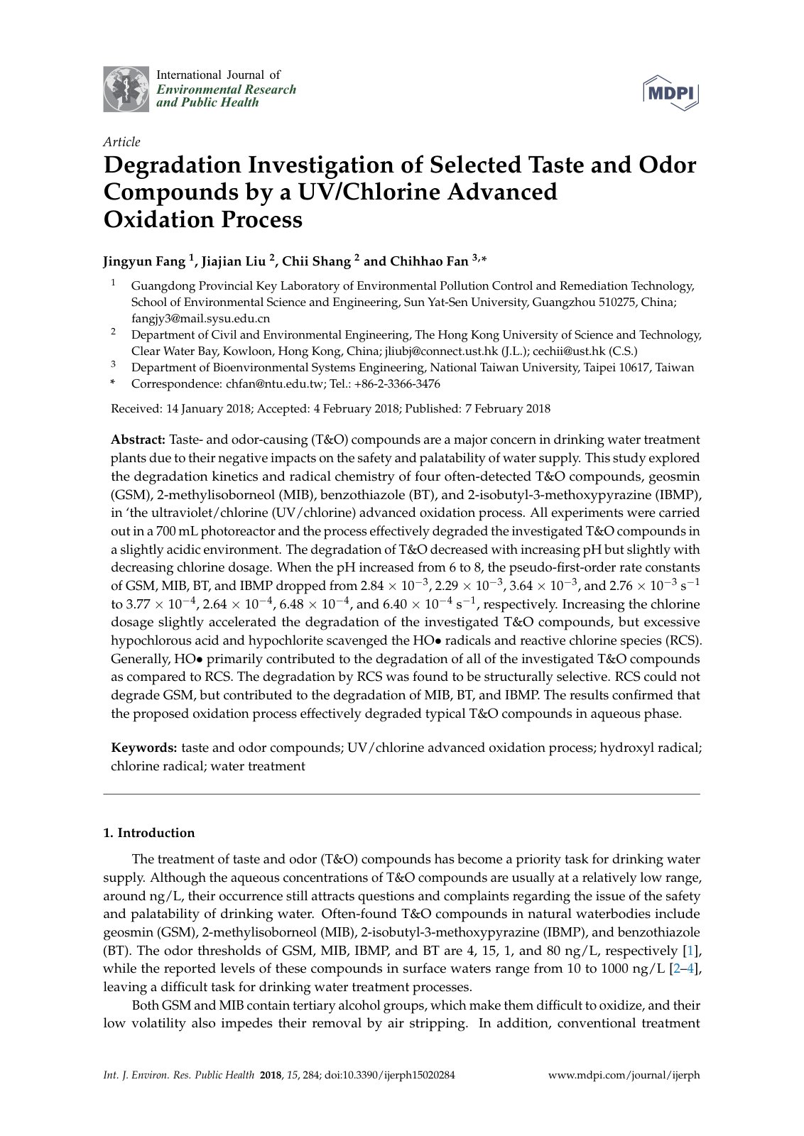 First page of Degradation Investigation of Selected Taste and Odor Compounds by a UV/Chlorine Advanced Oxidation Process