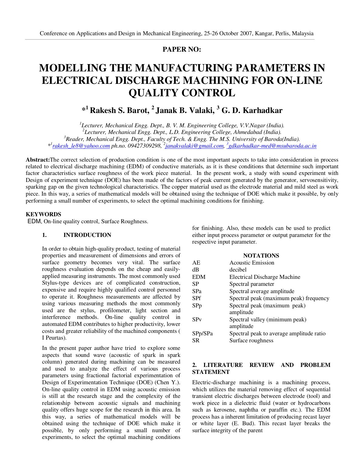 First page of Modelling the manufacturing parameters in electrical discharge machining for on-line quality control