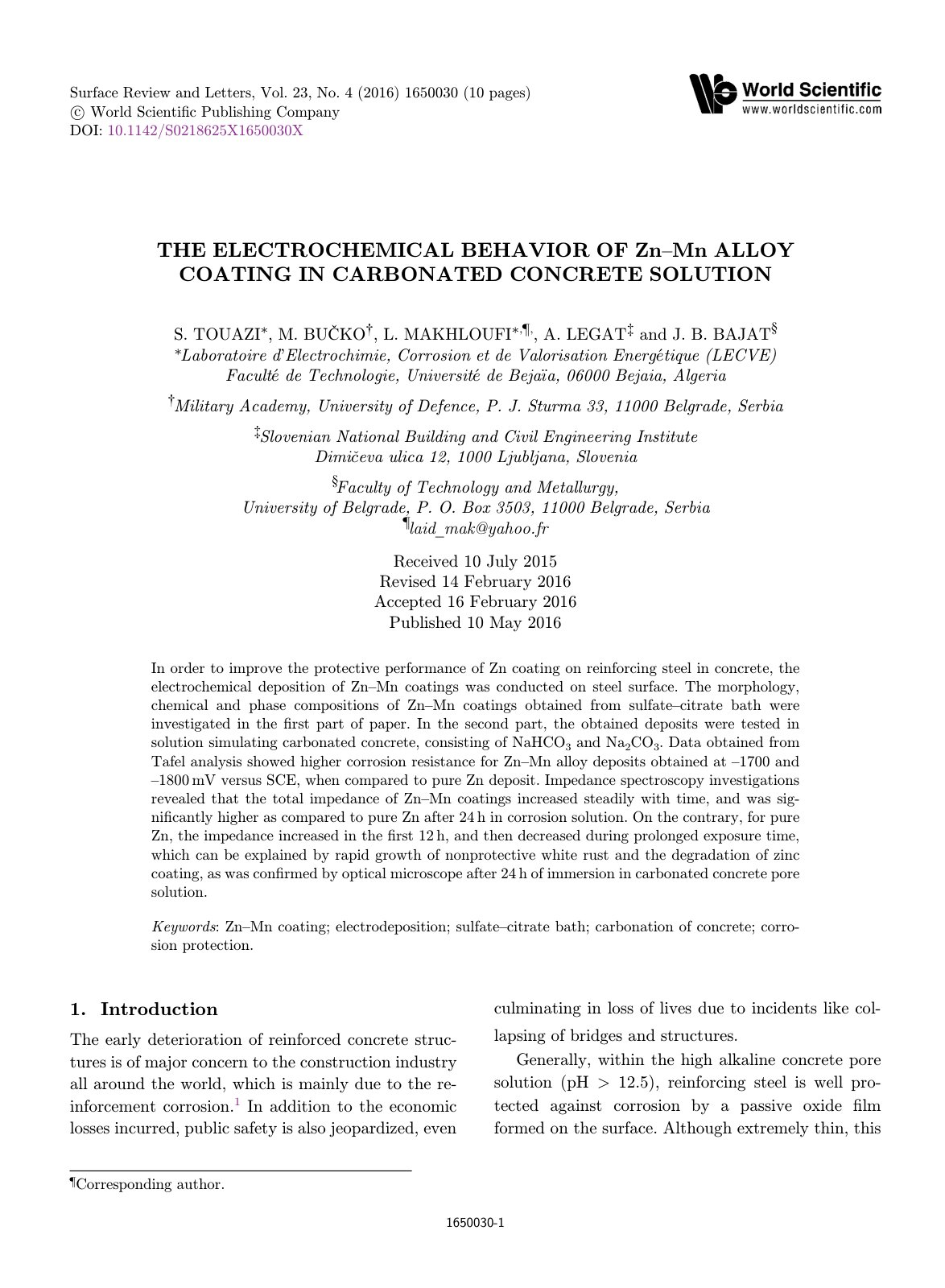 First page of THE ELECTROCHEMICAL BEHAVIOR OF Zn– Mn ALLOY COATING IN CARBONATED CONCRETE SOLUTION