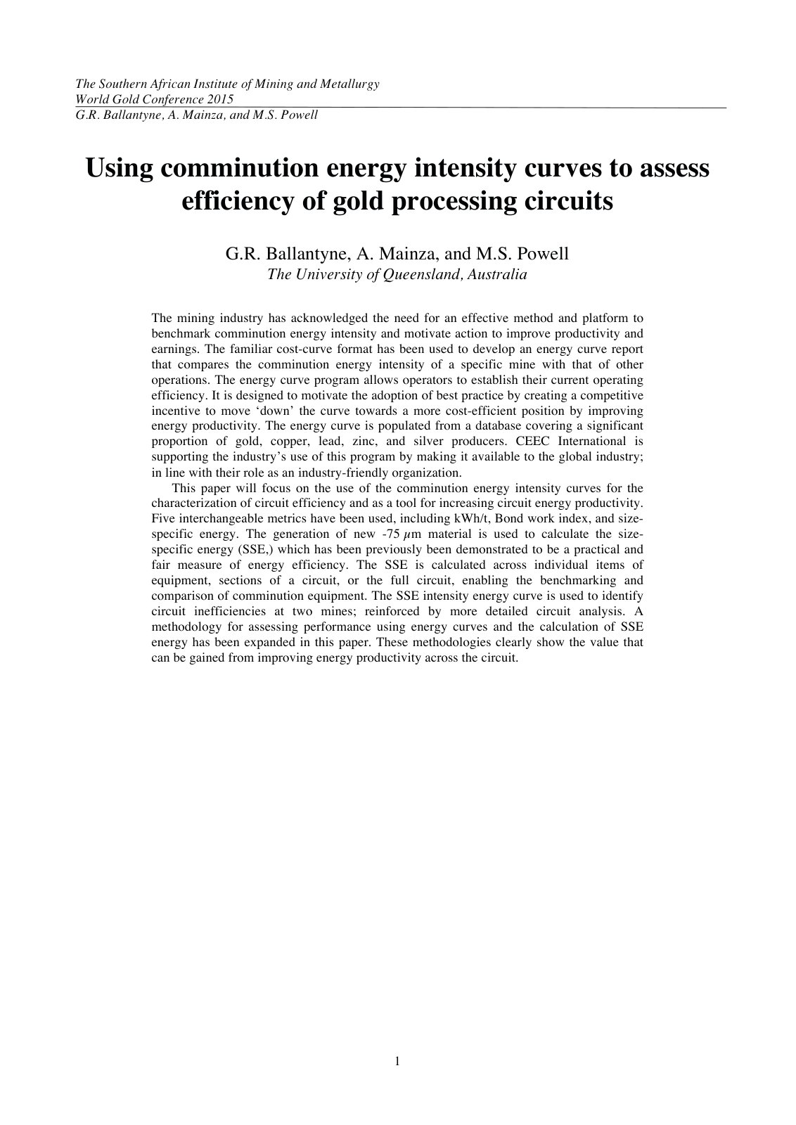 First page of Using comminution energy intensity curves to assess efficiency of gold processing circuits