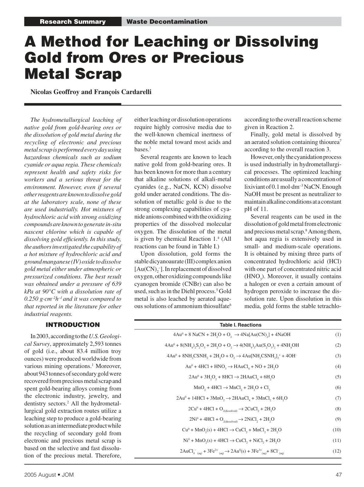 First page of Article Cardarelli Gold Leaching