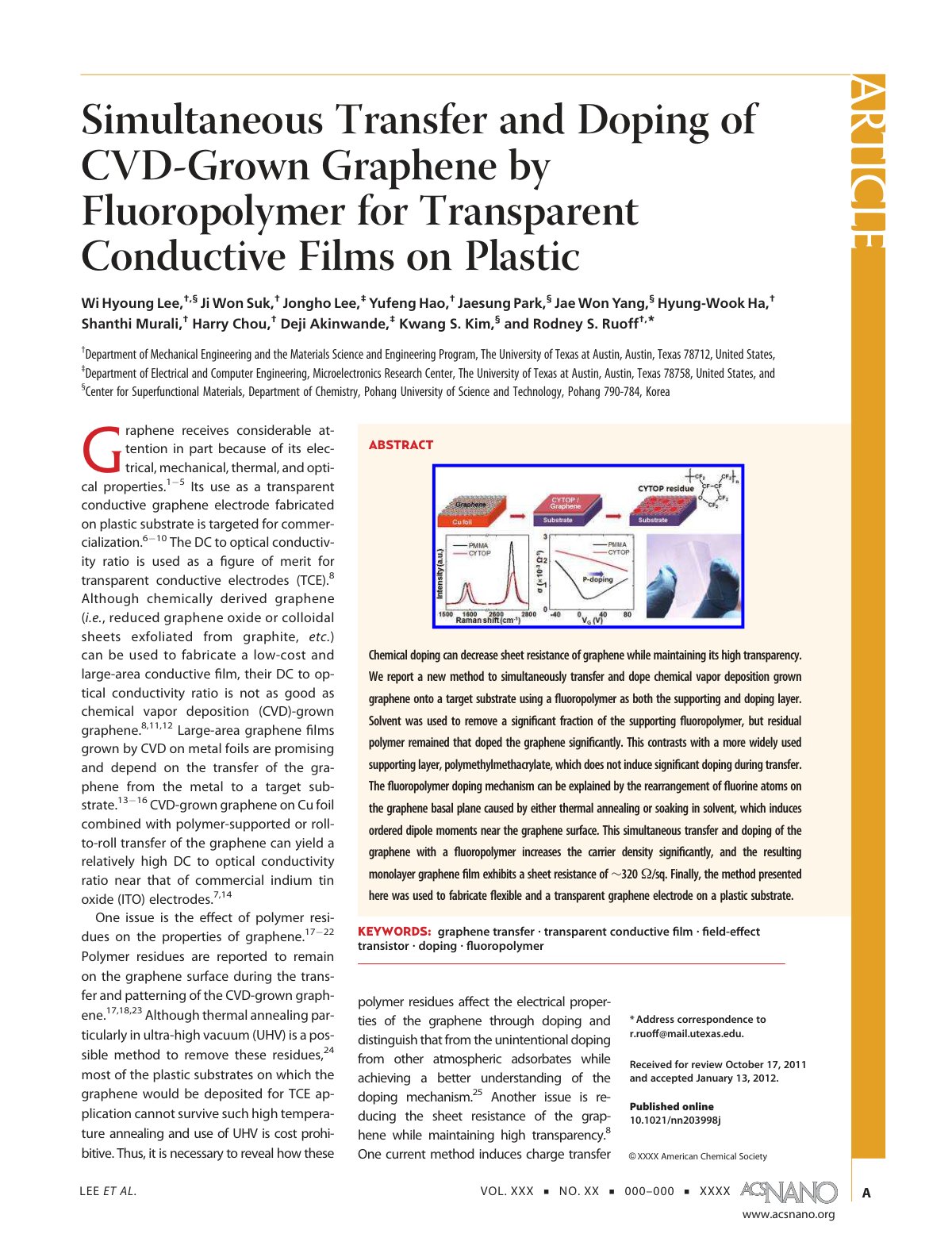 First page of Simultaneous Transfer and Doping of CVD-Grown Graphene by Fluoropolymer for Transparent Conductive Films on Plastic
