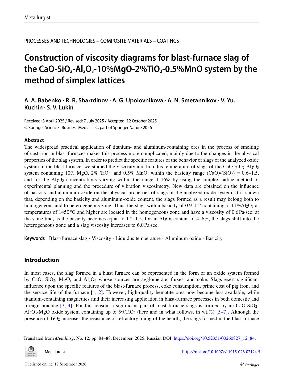 First page of Construction of viscosity diagrams for blast-furnace slag of the CaO-SiO2-Al2O3-10%MgO-2%TiO2-0.5%MnO system by the method of simplex lattices