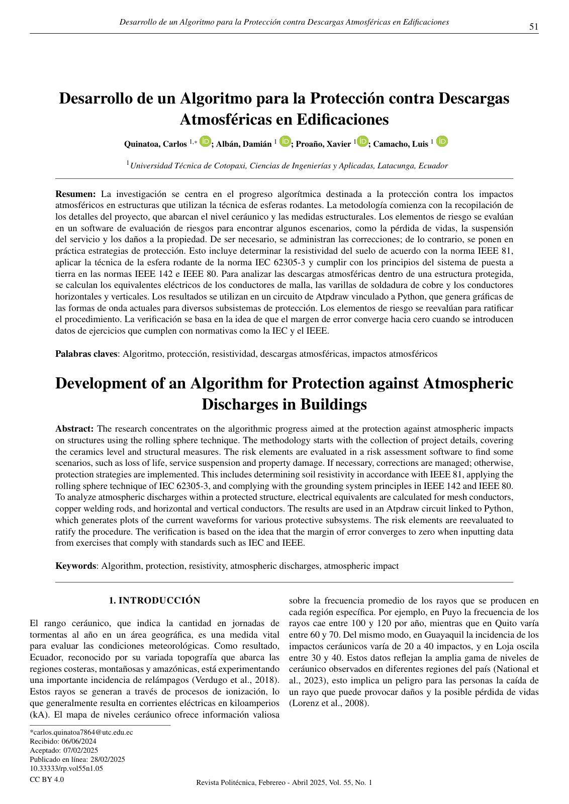 First page of Desarrollo de un Algoritmo para la Proteccion cont