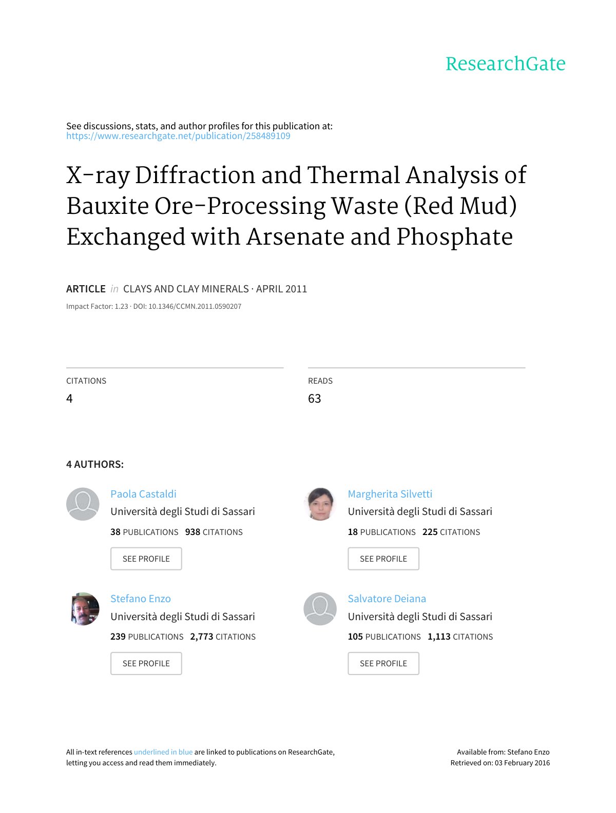 First page of X-ray Diffraction and Thermal Analysis of Bauxite Ore-Processing Waste (Red Mud) Exchanged with Arsenate and Phosphate