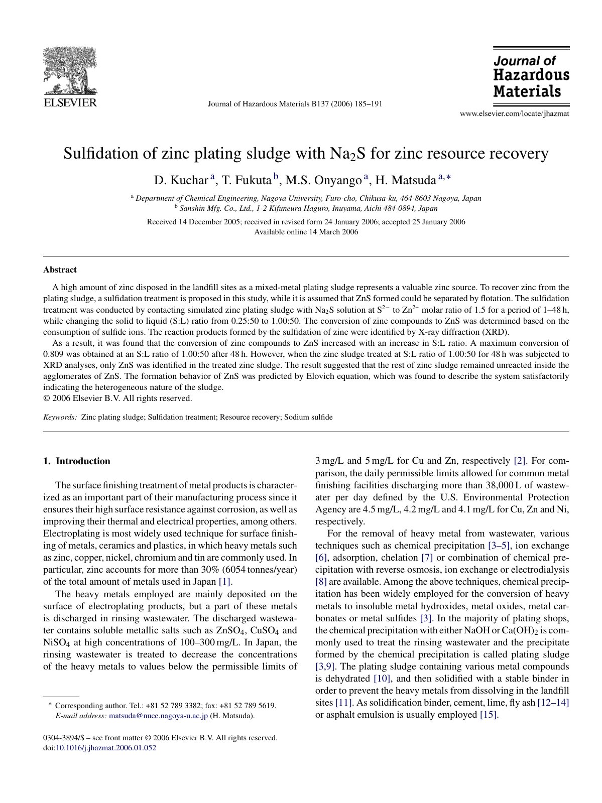 First page of Sulﬁdation of zinc plating sludge with Na 2S for zinc resource recovery
