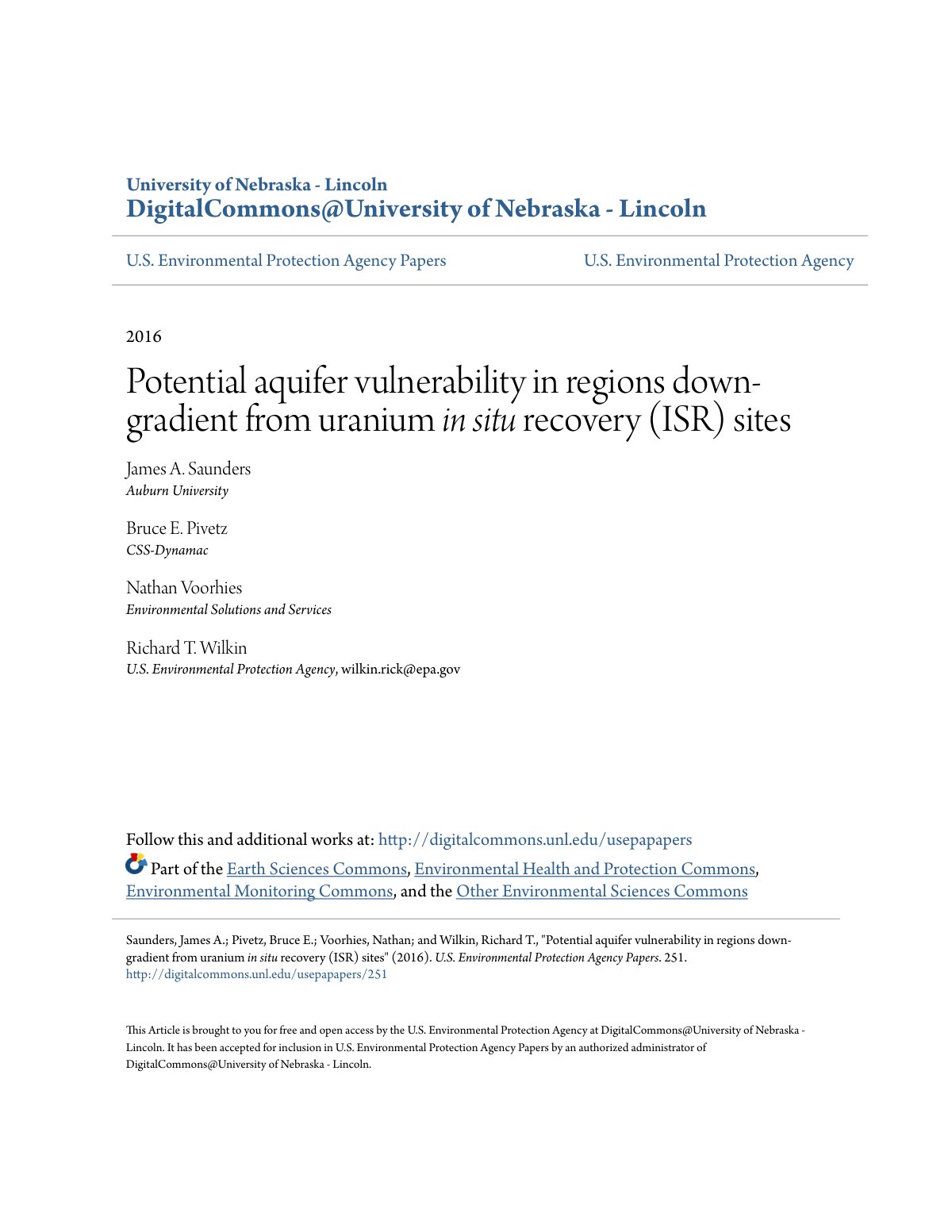 First page of Potential aquifer vulnerability in regions down-gradient from uranium in situ recovery (ISR) sites
