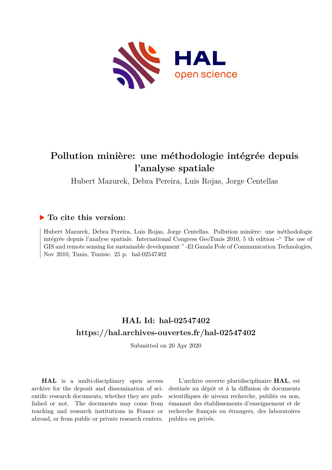 First page of Pollution minière: une méthodologie intégrée depuis l’analyse spatiale