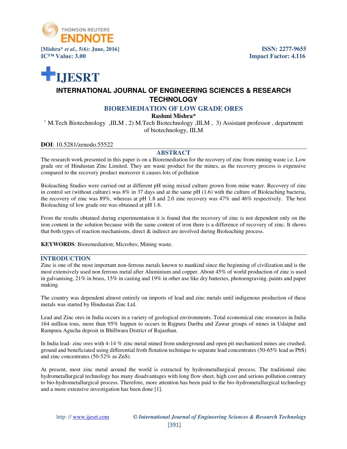 First page of BIOREMEDIATION OF LOW GRADE ORES