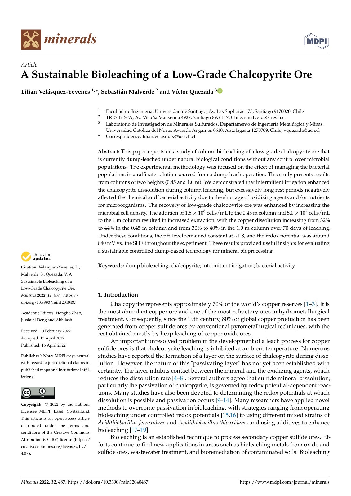 First page of A Sustainable Bioleaching of a Low Grade
