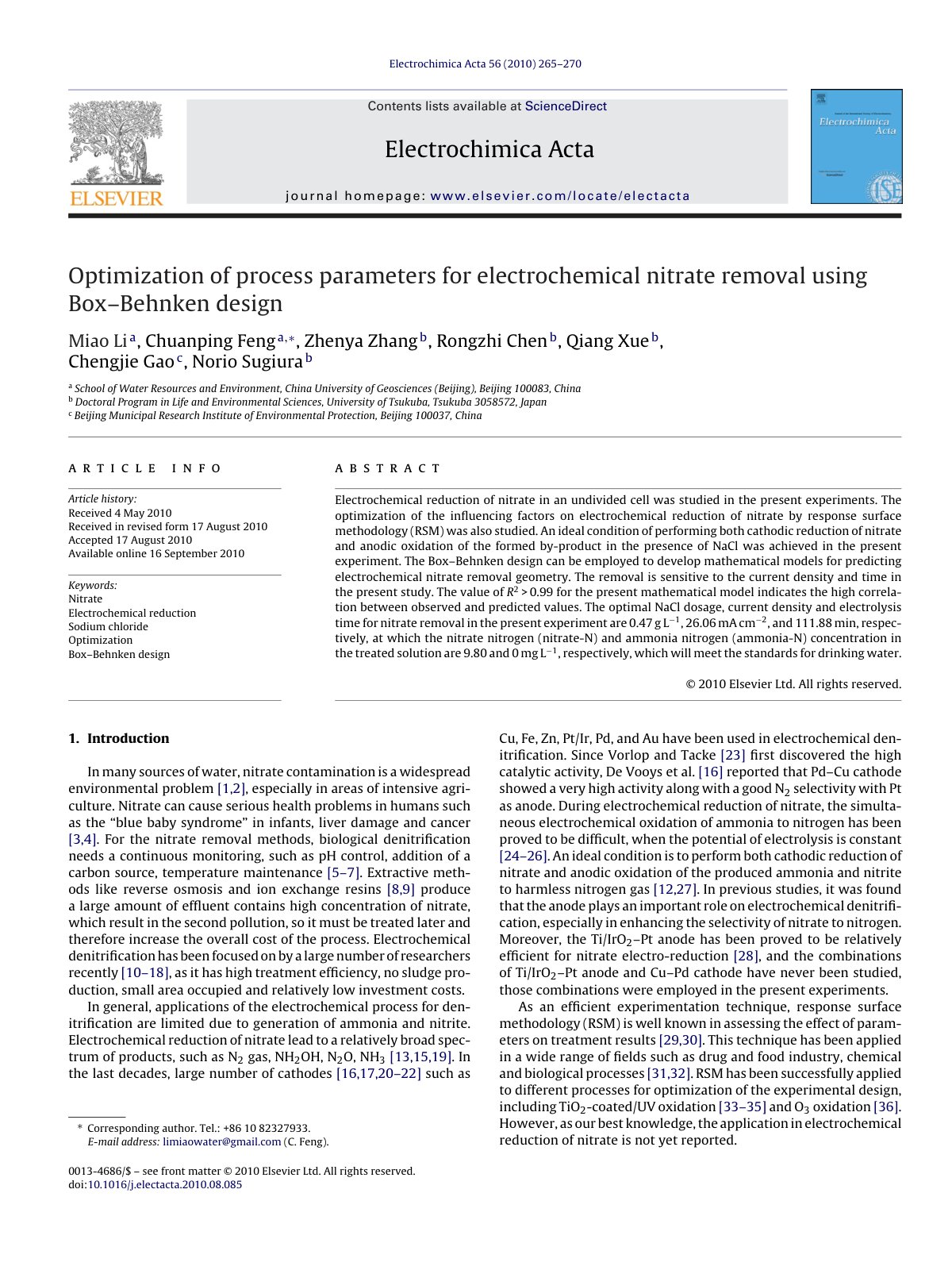 First page of Optimization of process parameters for electrochemical nitrate removal using Box–Behnken design