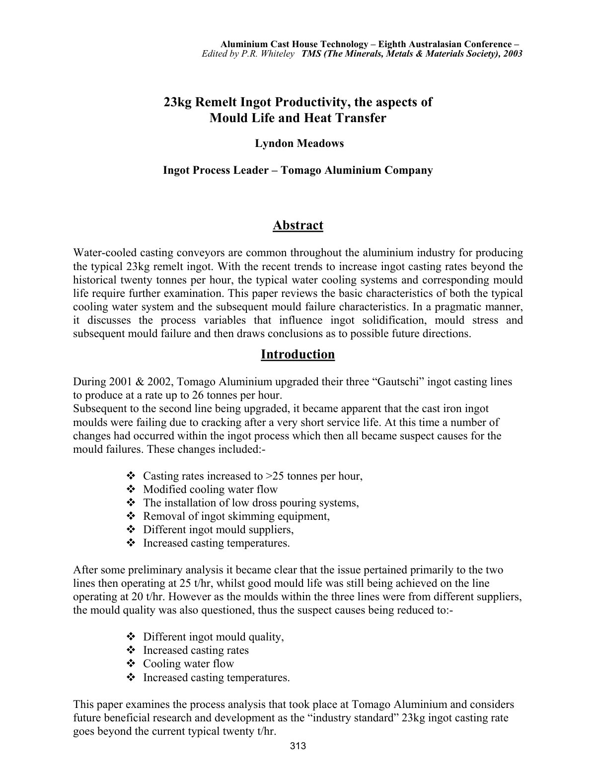 First page of 23kg Remelt Ingot Productivity, the aspects of Mould Life and Heat Transfer