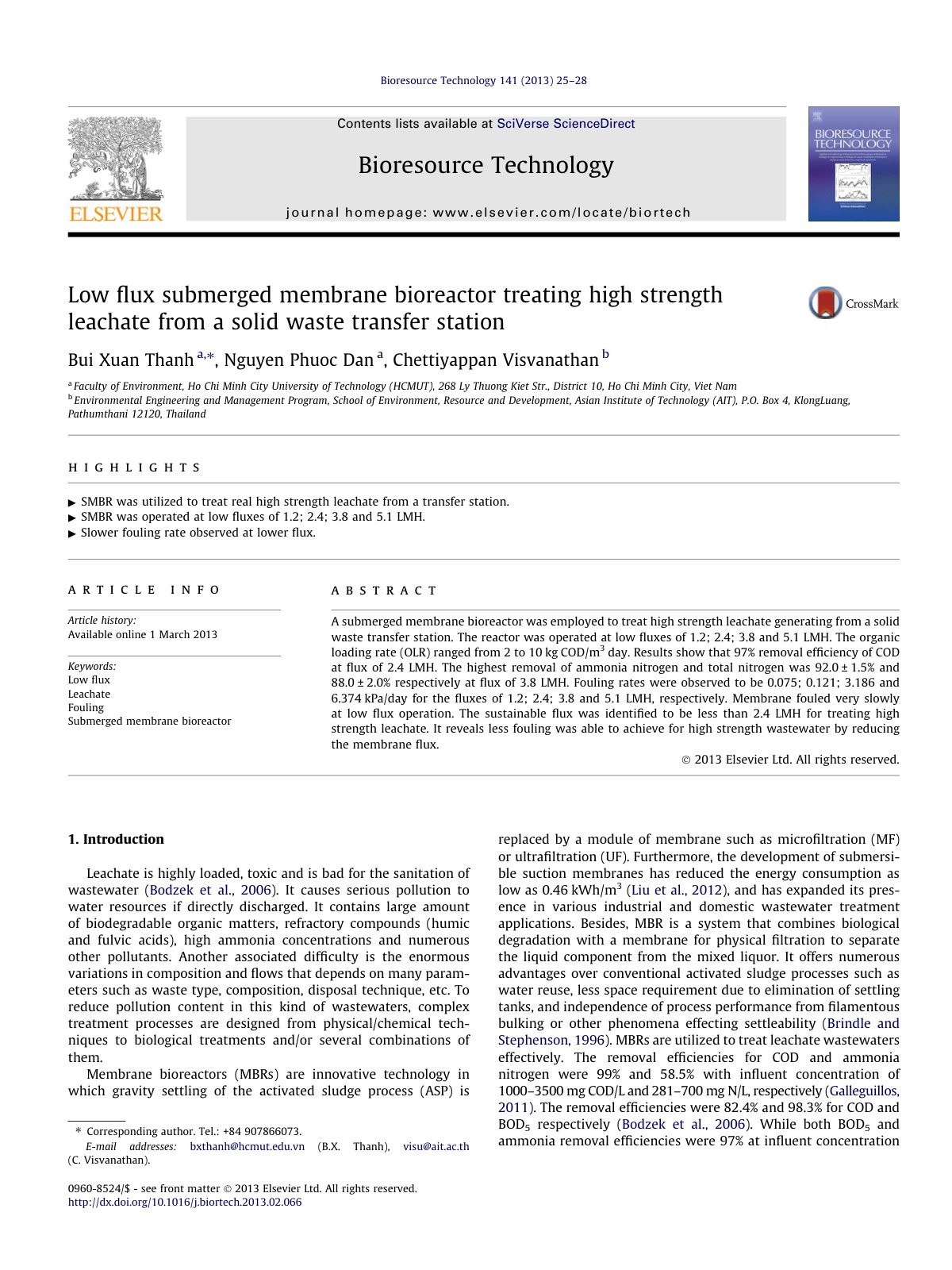 First page of Low flux submerged membrane bioreactor t