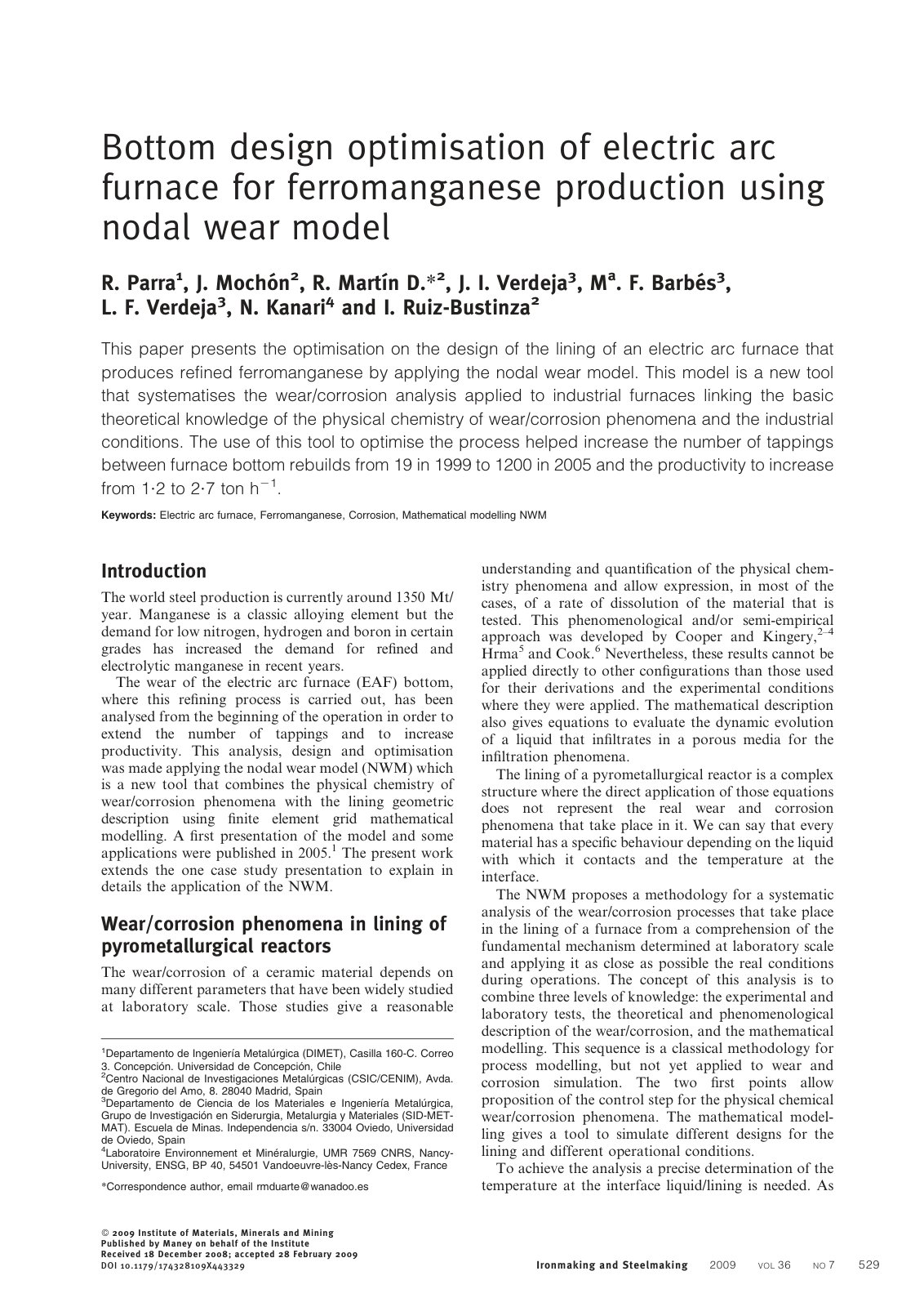 First page of Bottom design optimisation of electric arc furnace for ferromanganese production using nodal wear model