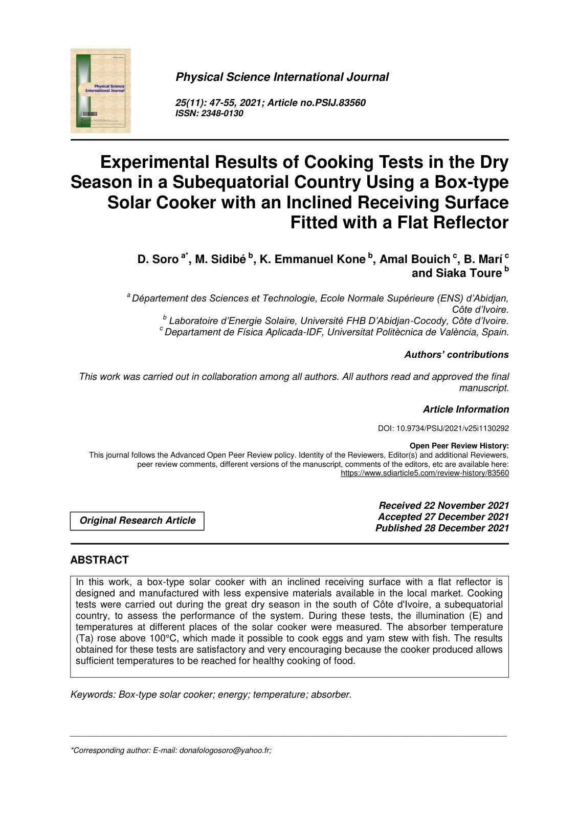 First page of Experimental Results of Cooking Tests in