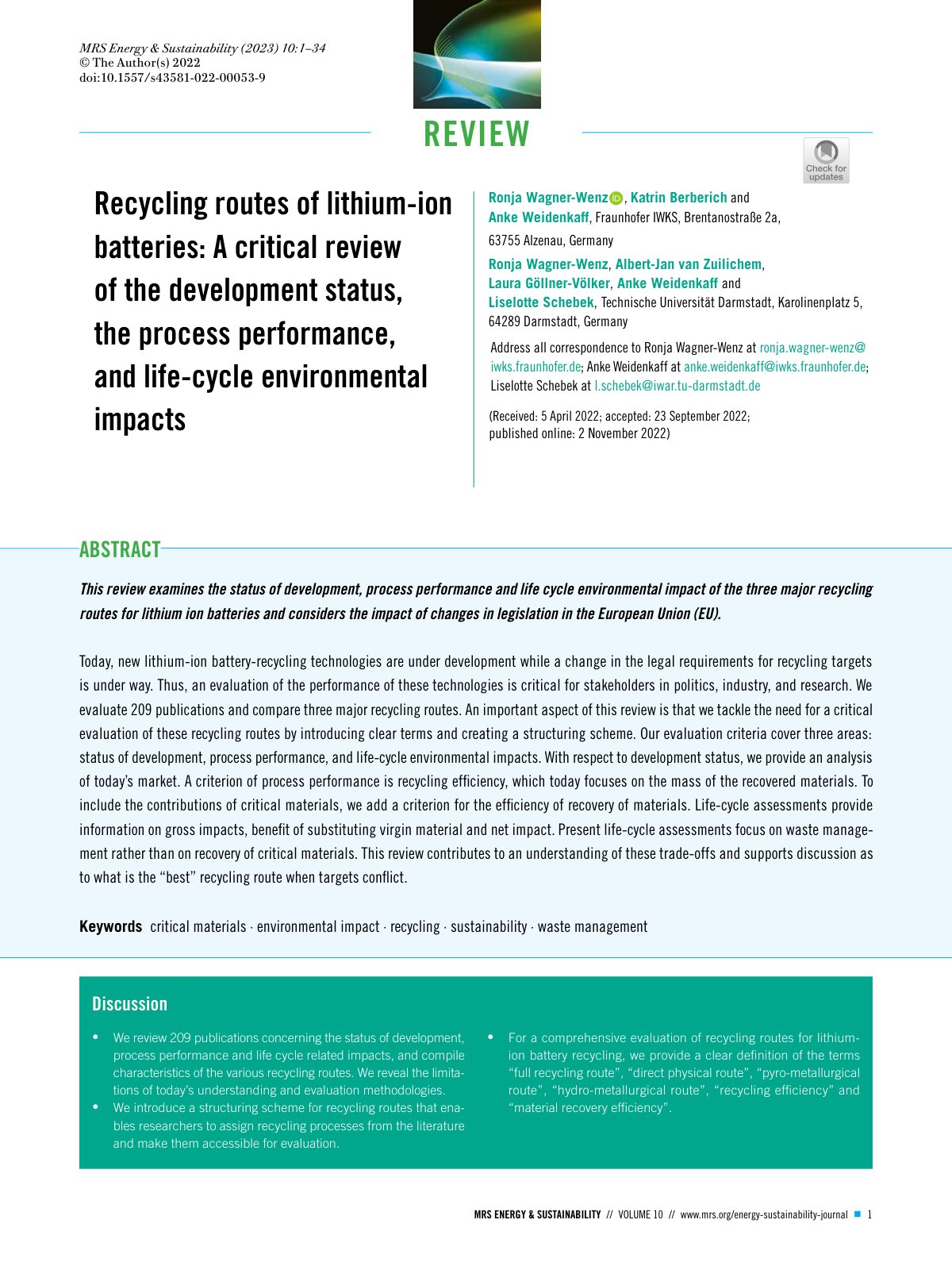 First page of Recycling routes of lithium‑ion batteries: A critical review of the development status, the process performance, and life‑cycle environmental impacts