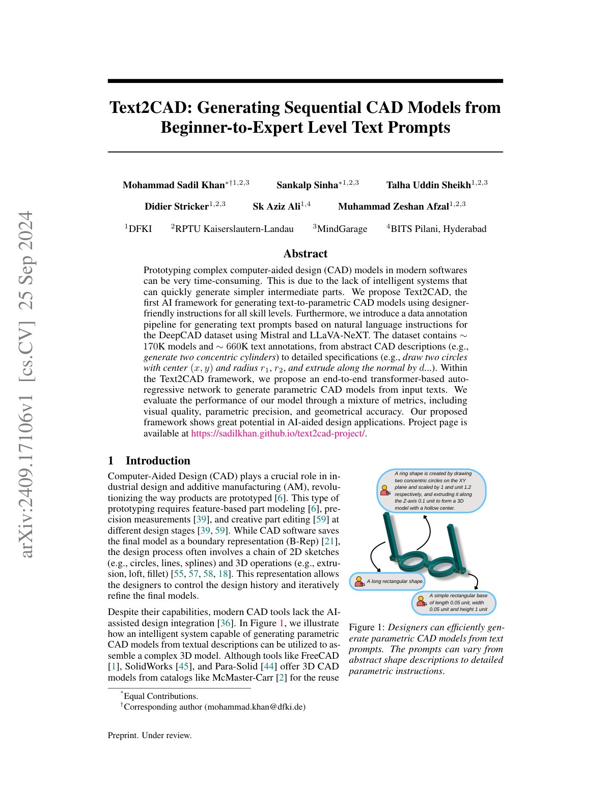 First page of 2024 Khan Text2CAD Sequential Parametric Models