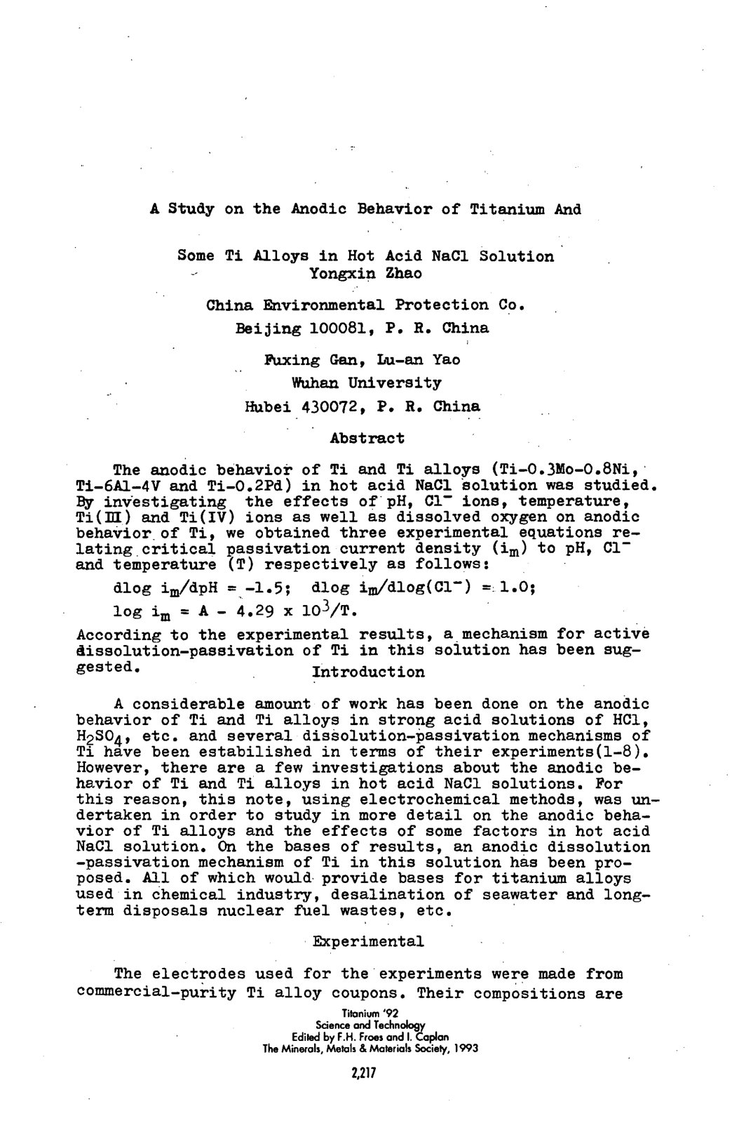 First page of A Study on the Anodic Behavior of Titanium And Some Ti Alloys in Hot Acid NaCl Solution
