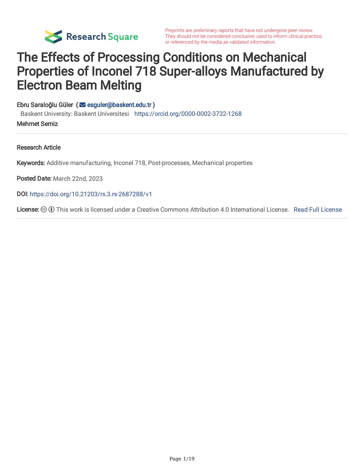 First page of The Effects of Processing Conditions on Mechanical Properties of Inconel 718 Super-alloys Manufactured by Electron Beam Melting