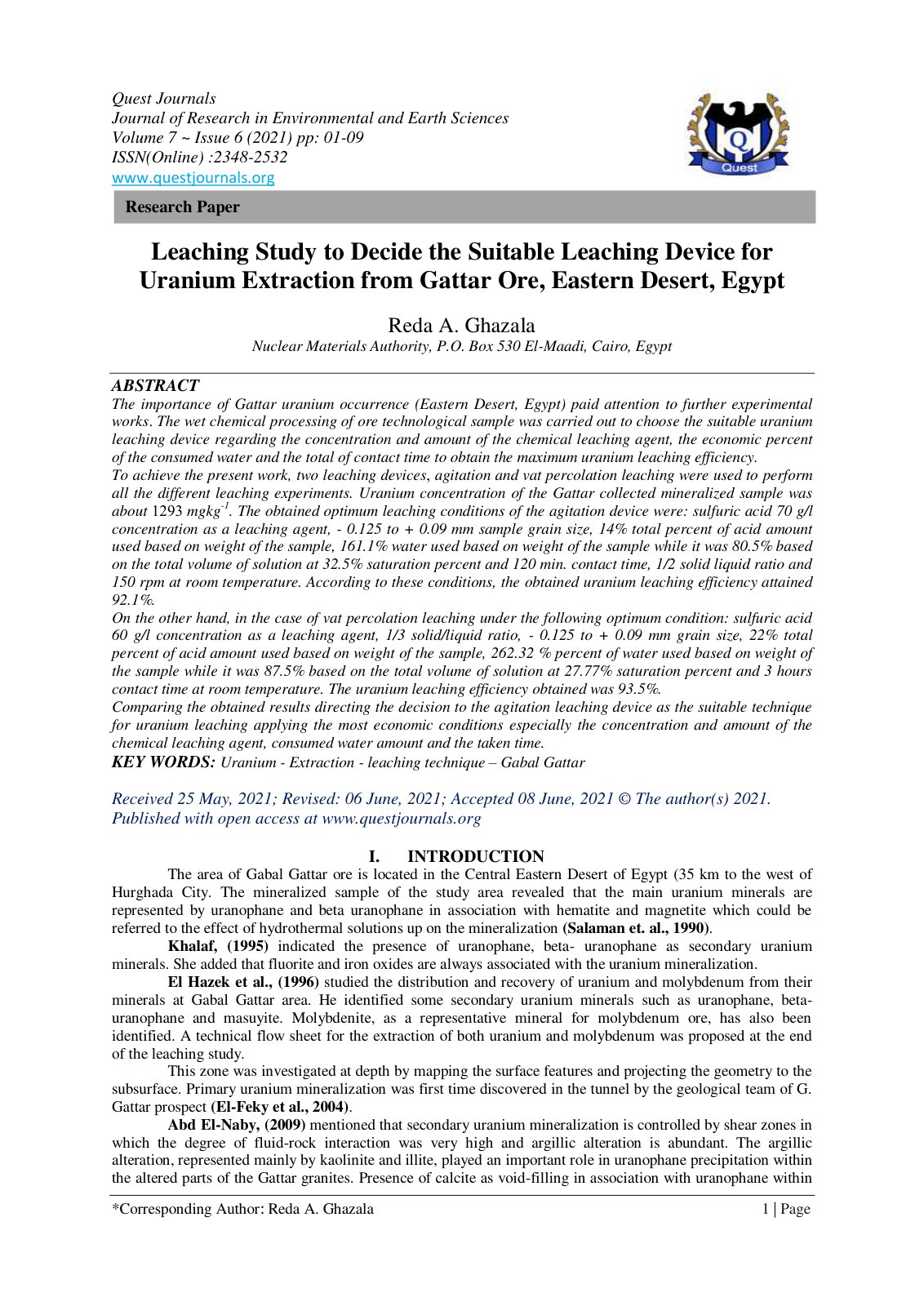 First page of Leaching Study to Decide the Suitable Le