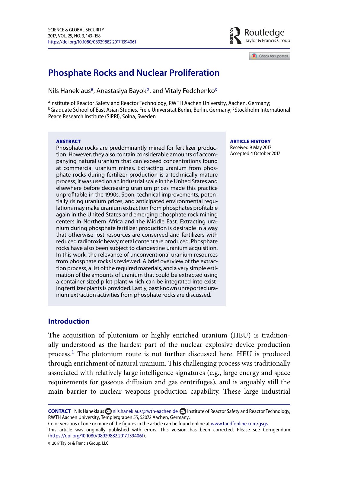 First page of Phosphate Rocks and Nuclear Proliferation