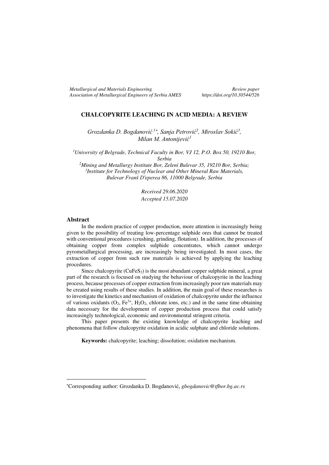 First page of CHALCOPYRITE LEACHING IN ACID MEDIA: A REVIEW