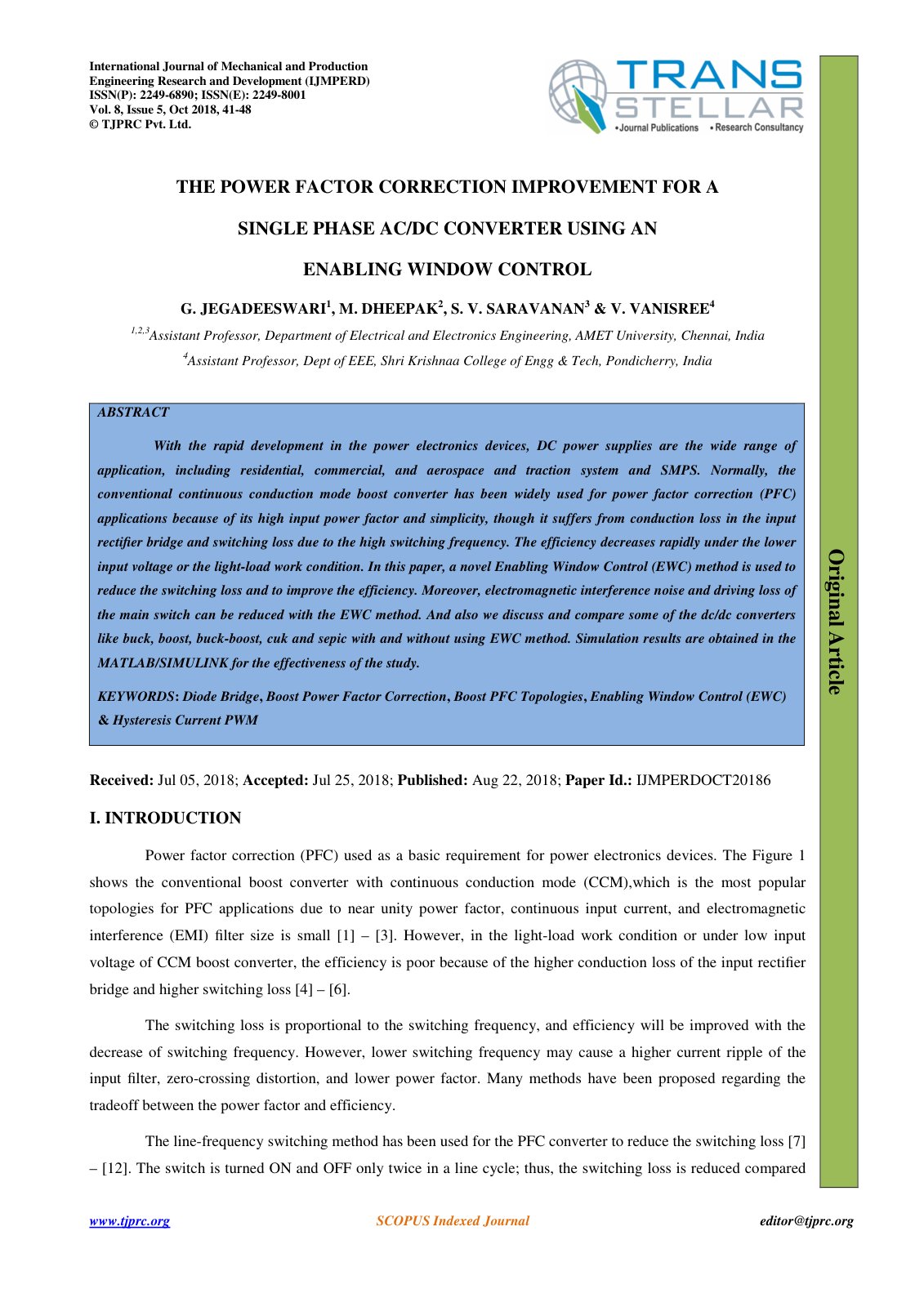 First page of THE POWER FACTOR CORRECTION IMPROVEMENT FOR A SINGLE PHASE AC/DC CONVERTER USING AN ENABLING WINDOW CONTROL
