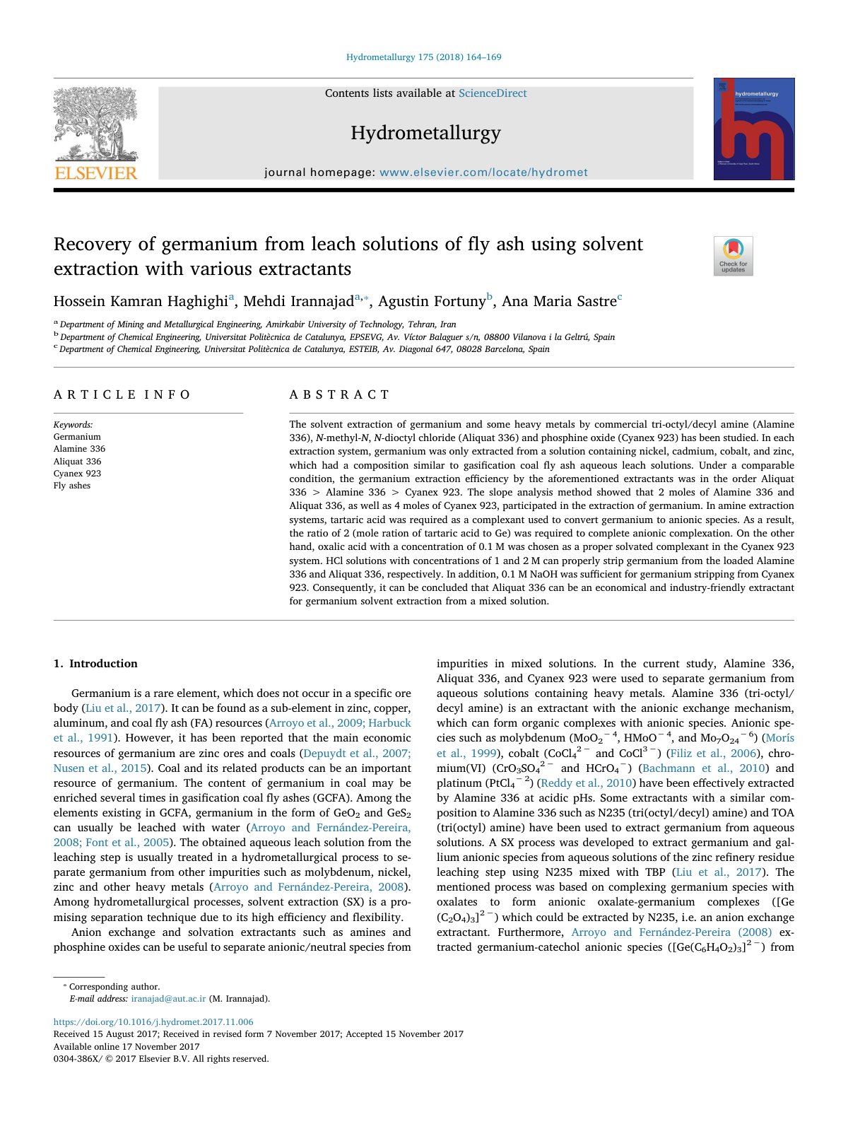 First page of Recovery of germanium from leach solutio