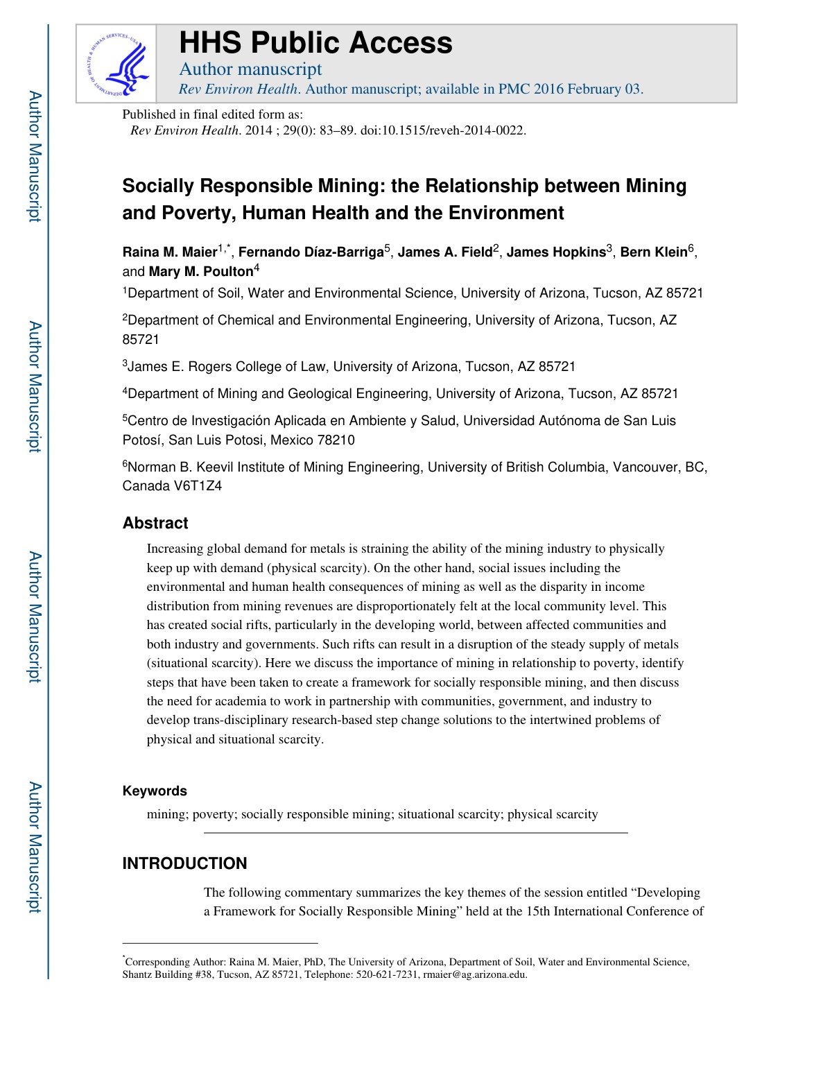 First page of Socially Responsible Mining: the Relationship between Mining and Poverty, Human Health and the Environment