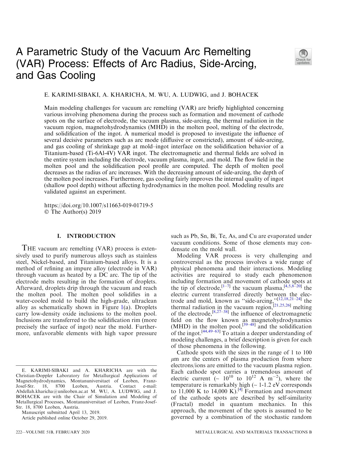 First page of A Parametric Study of the Vacuum Arc Remelting (VAR) Process: Effects of Arc Radius, Side-Arcing, and Gas Cooling