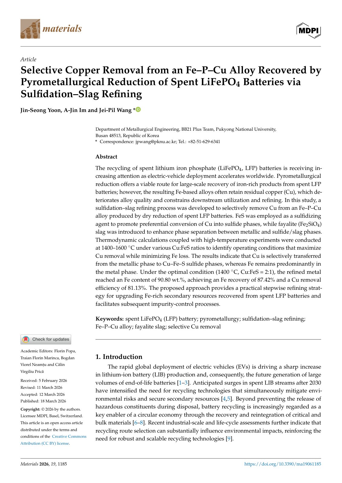 First page of Selective Copper Removal from an Fe–P–Cu Alloy Recovered by Pyrometallurgical Reduction of Spent LiFePO4 Batteries via Sulfidation–Slag Refining