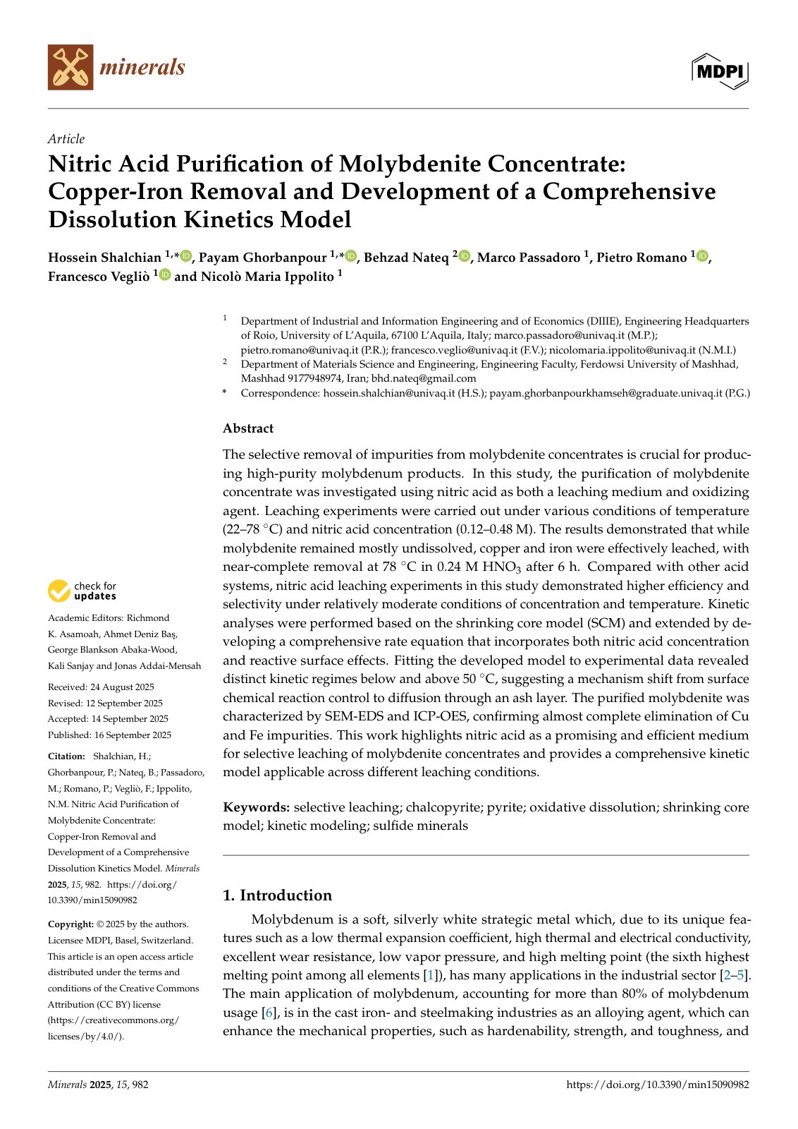 First page of 2025   Shalchian   Nitric acid purification kinetics of molybdenite