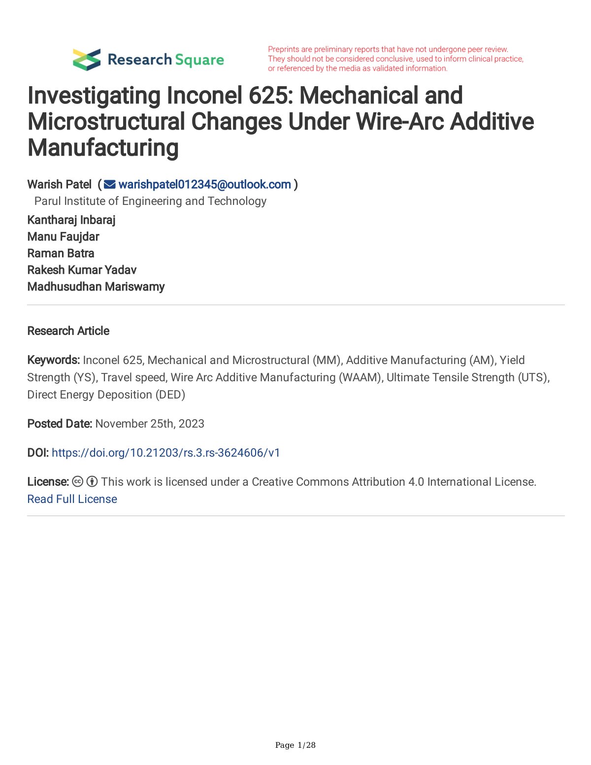 First page of Investigating Inconel 625: Mechanical and Microstructural Changes Under Wire-Arc Additive Manufacturing