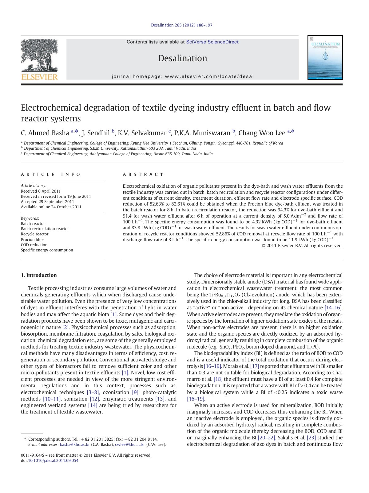 First page of Electrochemical degradation of textile d