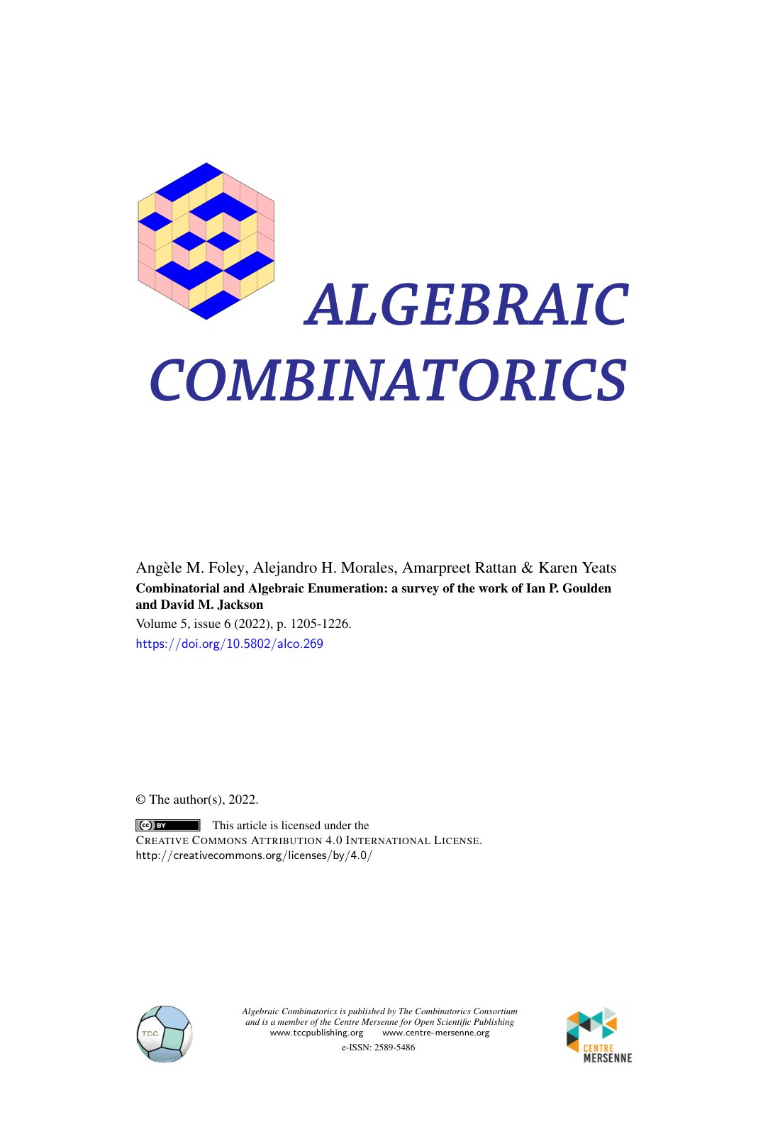 First page of Combinatorial and Algebraic Enumeration: a survey of the work of Ian P. Goulden and David M. Jackson