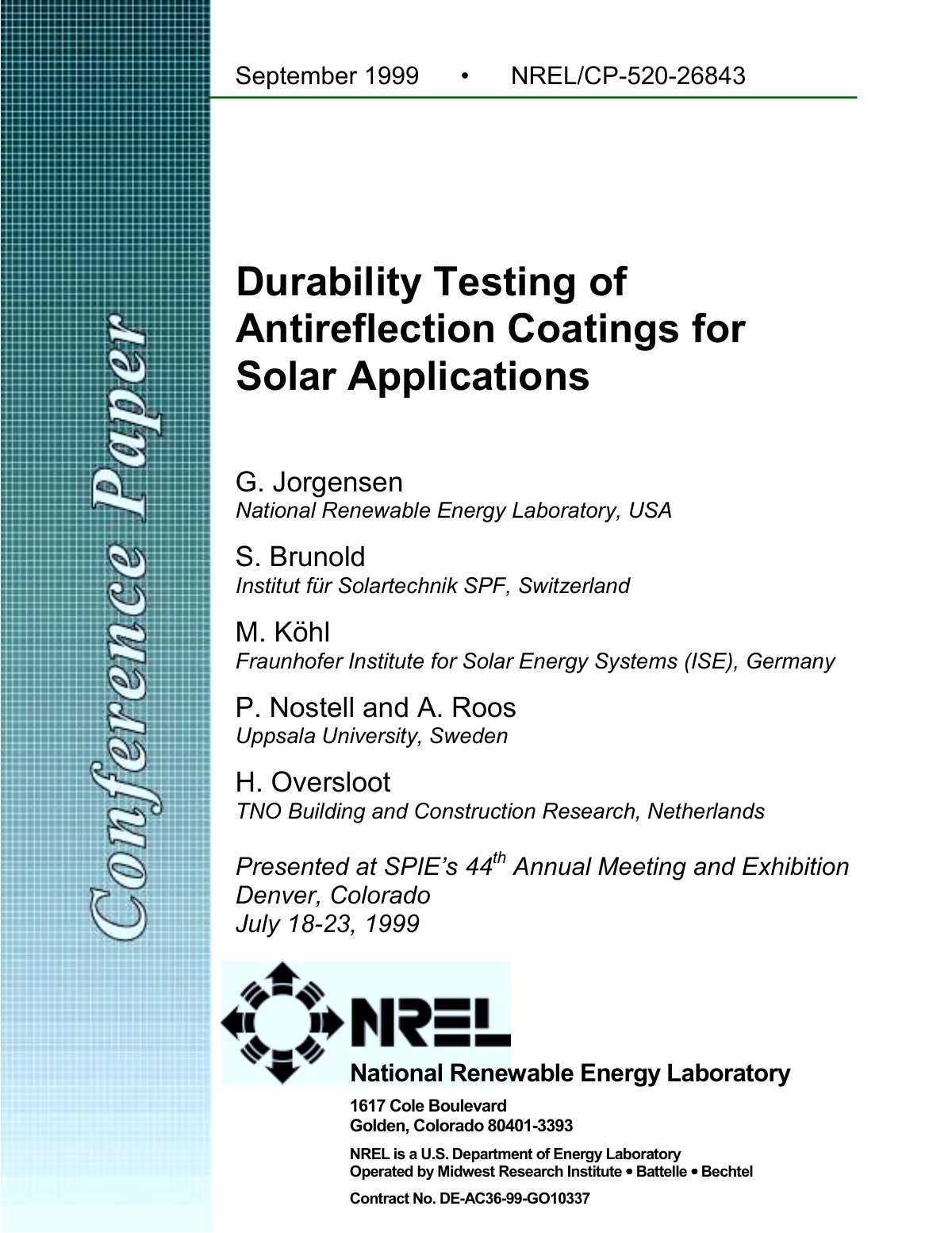 First page of Durability Testing of Antireflection Coatings for Solar Applications