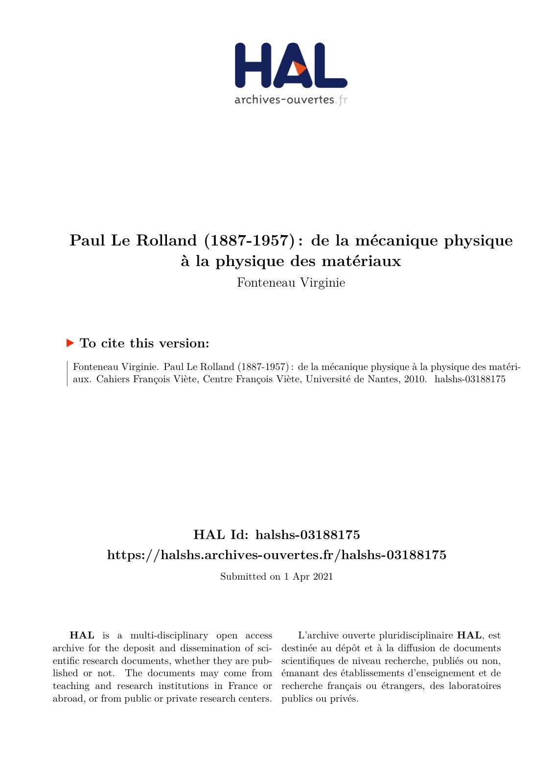 First page of Paul Le Rolland 1887 1957 de la mecanique physique