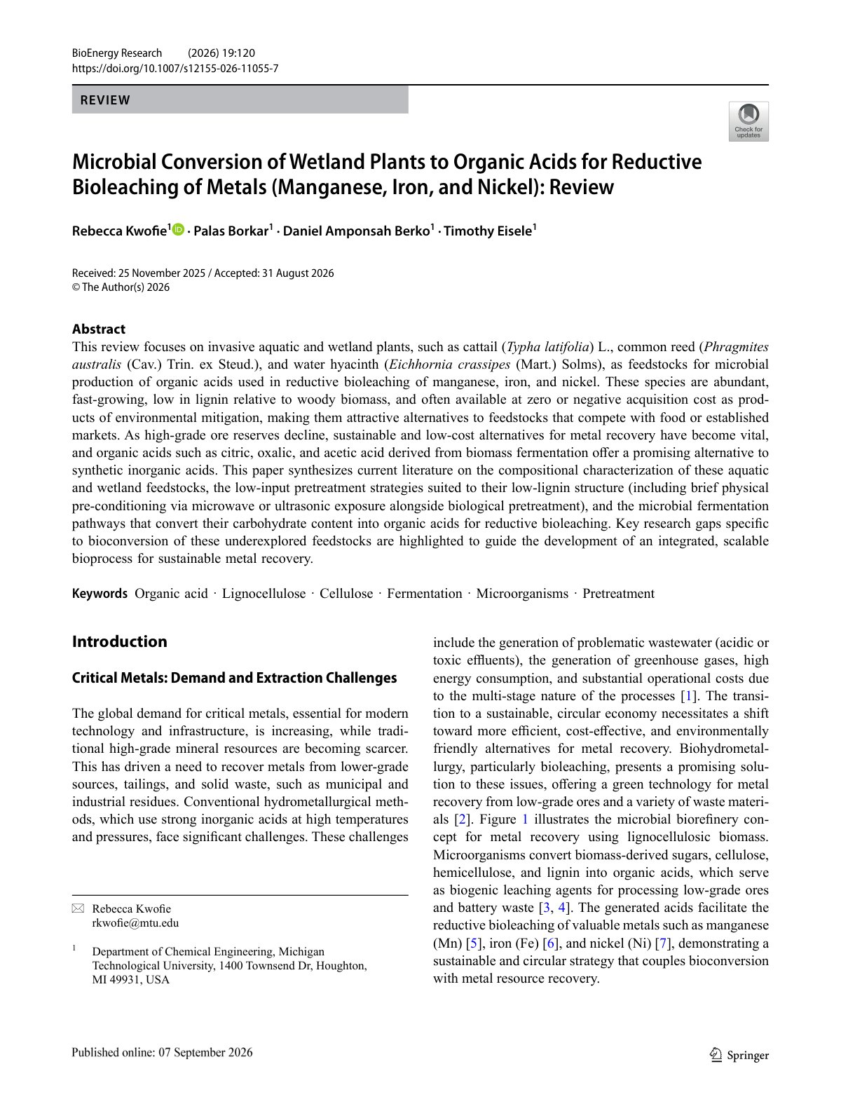 First page of Microbial Conversion of Wetland Plants to Organic Acids for Reductive Bioleaching of Metals (Manganese, Iron, and Nickel): Review