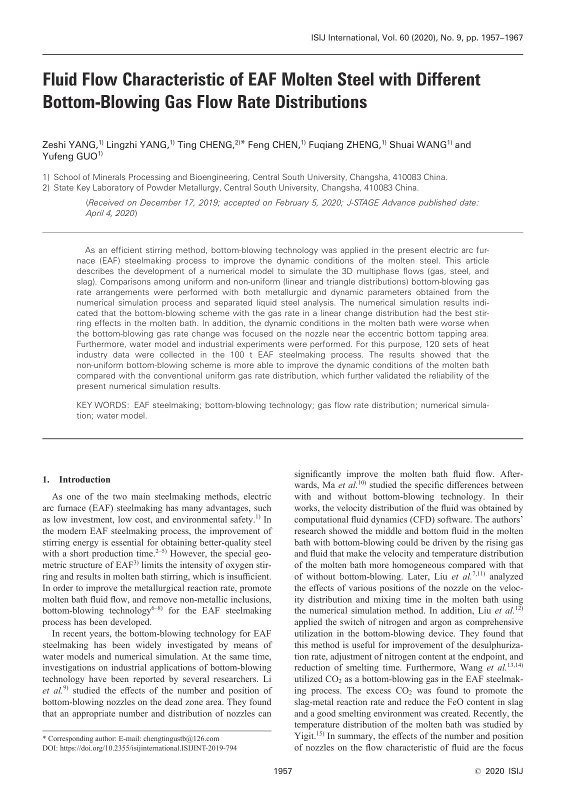 First page of Fluid Flow Characteristic of EAF Molten Steel with Different Bottom-Blowing Gas Flow Rate Distributions