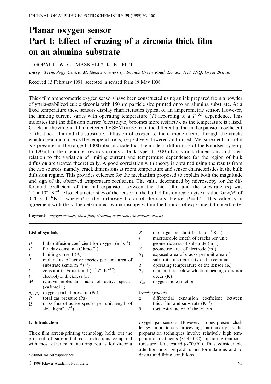 First page of Planar oxygen sensor Part I Effect of cr