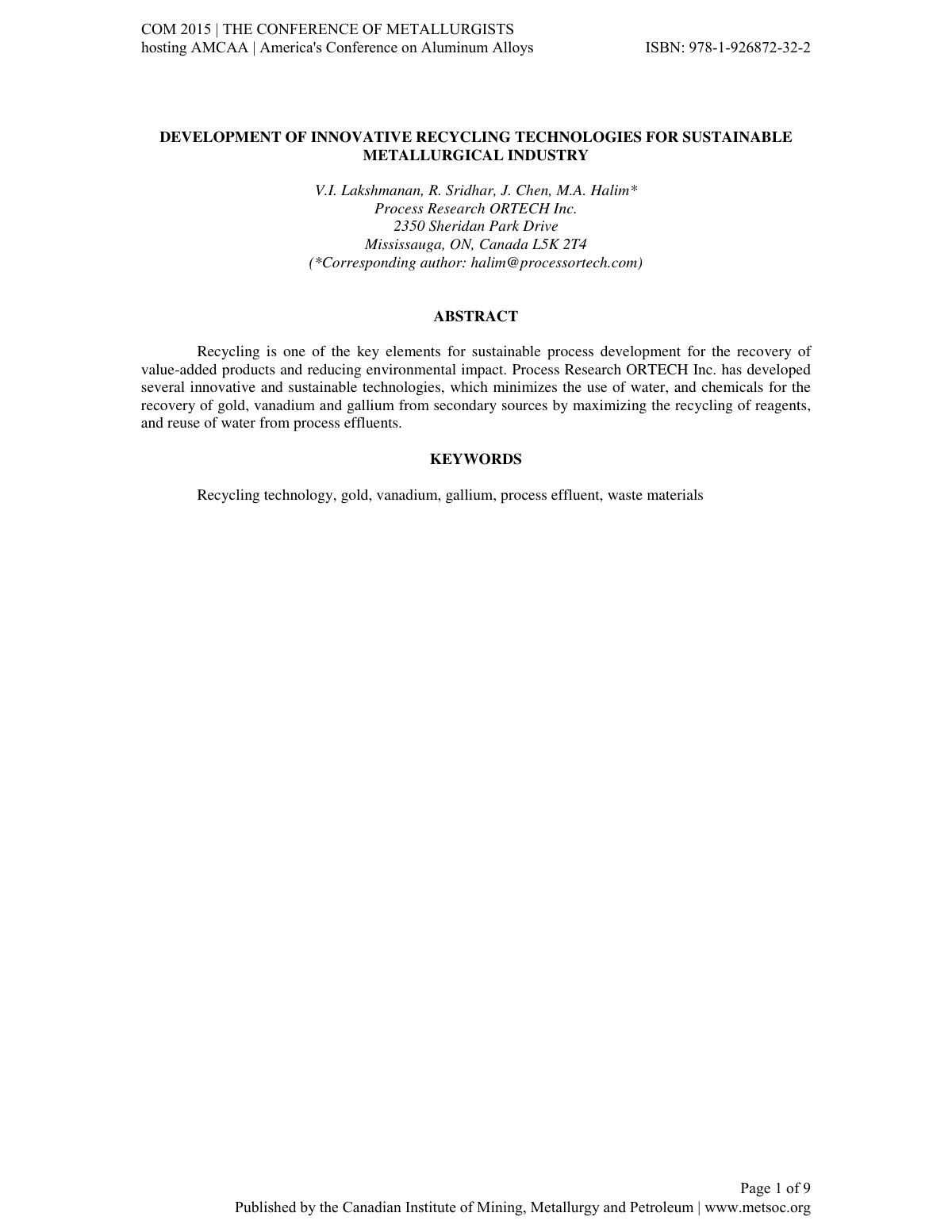 First page of DEVELOPMENT OF INNOVATIVE RECYCLING TECHNOLOGIES FOR SUSTAINABLE METALLURGICAL INDUSTRY