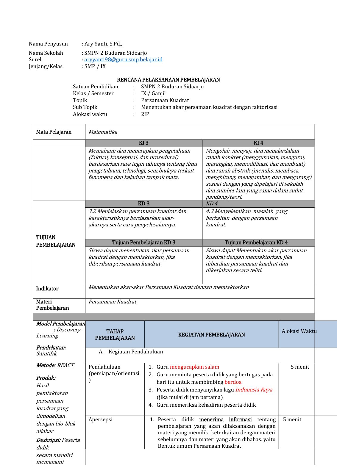 First page of Rpp pemfaktoran