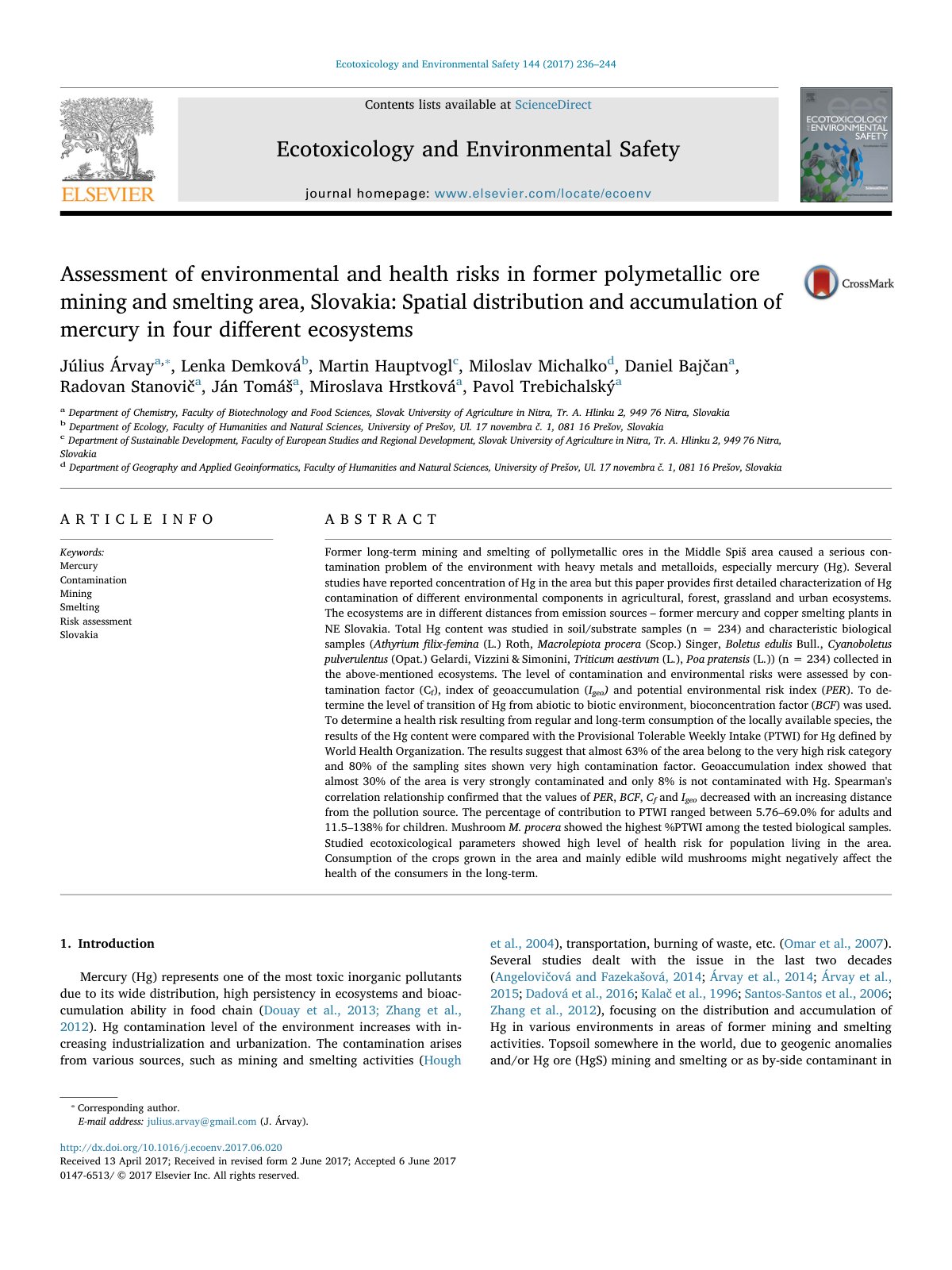 First page of Assessment of environmental and health risks in former polymetallic ore mining and smelting area, Slovakia: Spatial distribution and accumulation of mercury in four different ecosystems