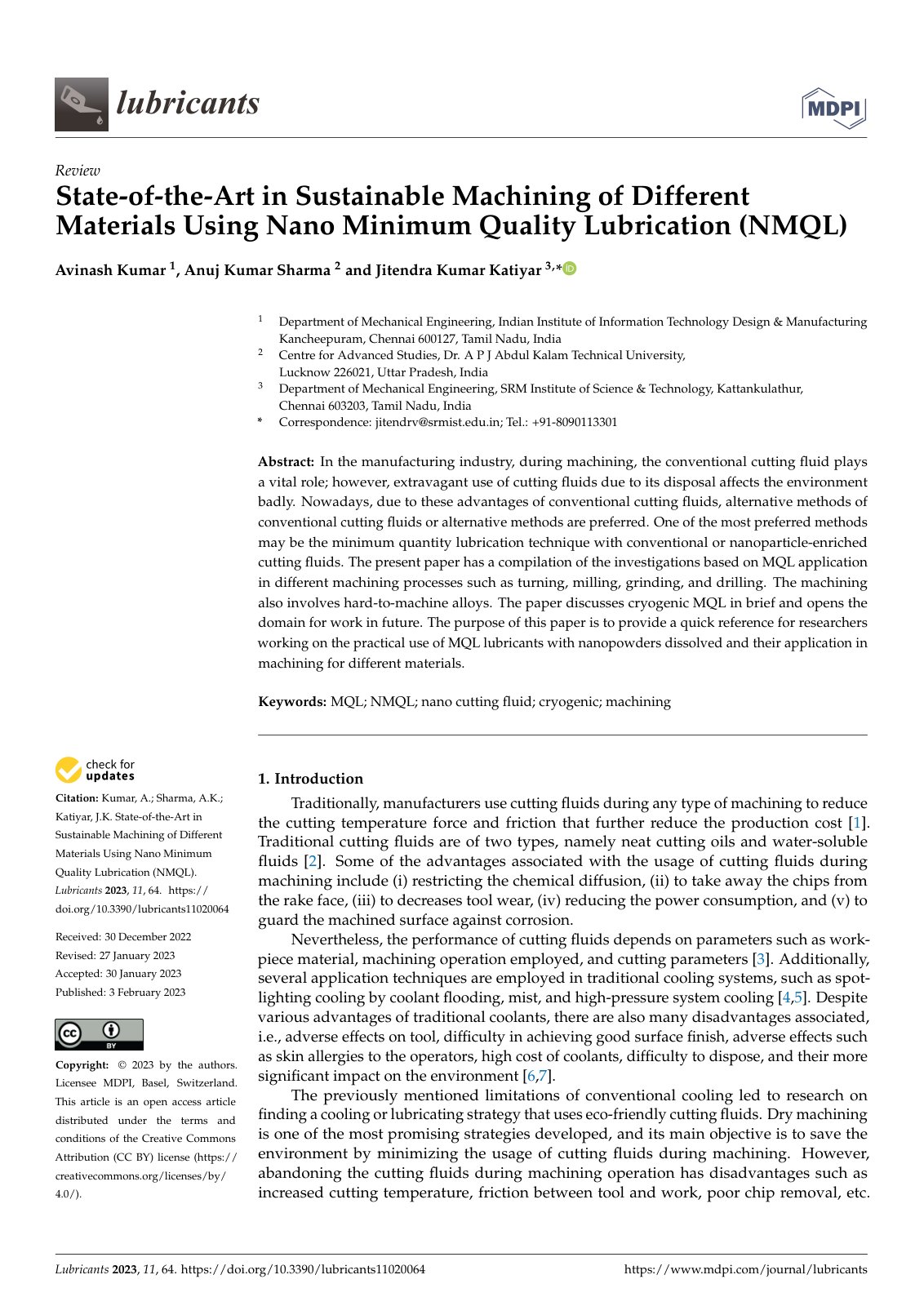 First page of State-of-the-Art in Sustainable Machining of Different Materials Using Nano Minimum Quality Lubrication (NMQL)