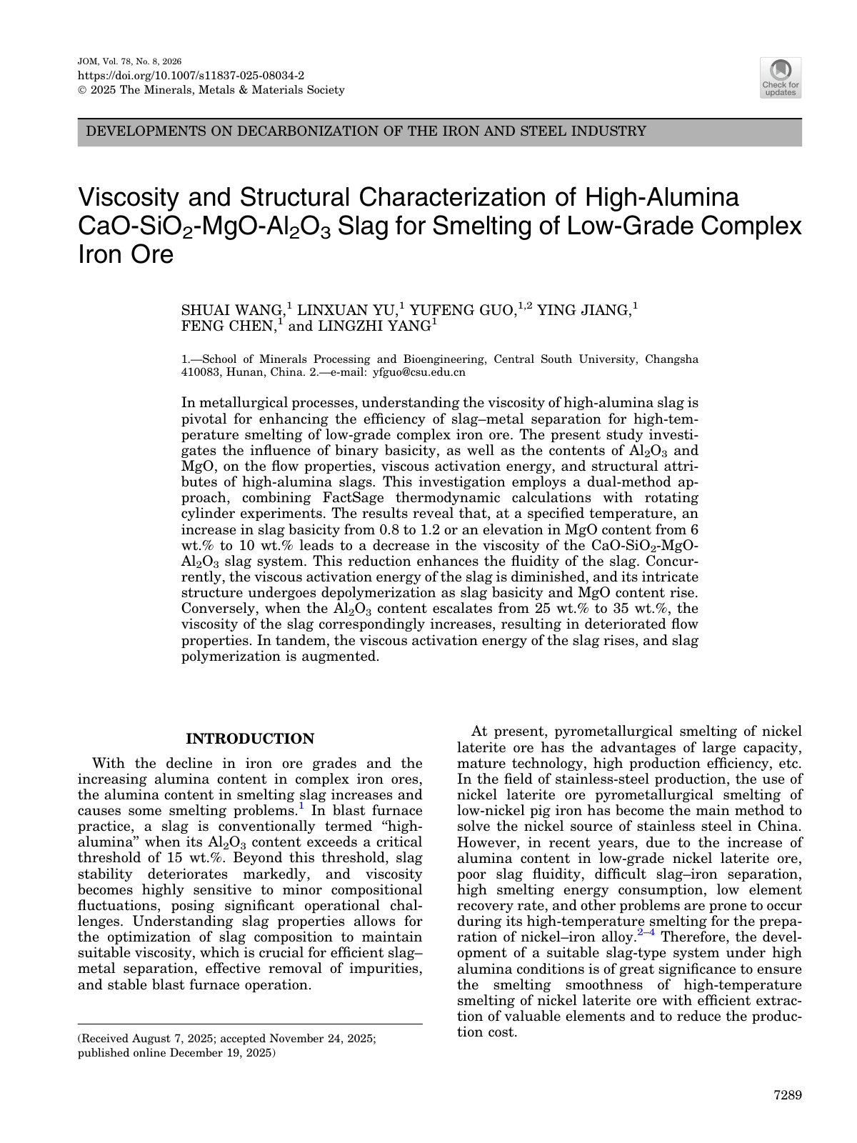 First page of Viscosity and Structural Characterization of High-Alumina CaO-SiO2-MgO-Al2O3 Slag for Smelting of Low-Grade Complex Iron Ore