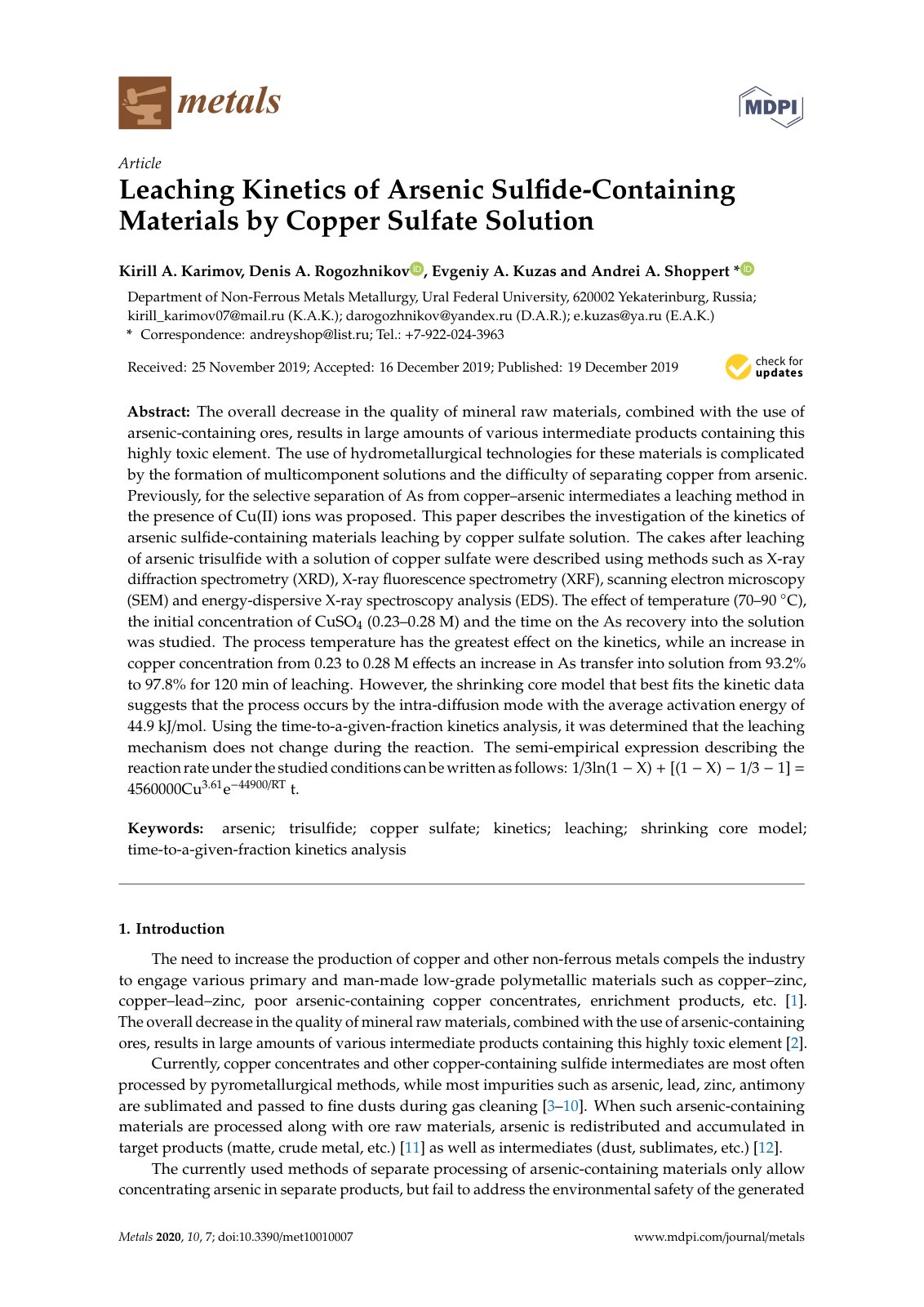 First page of 2020   Karimov   Arsenic sulfide leaching kinetics in copper sulfate