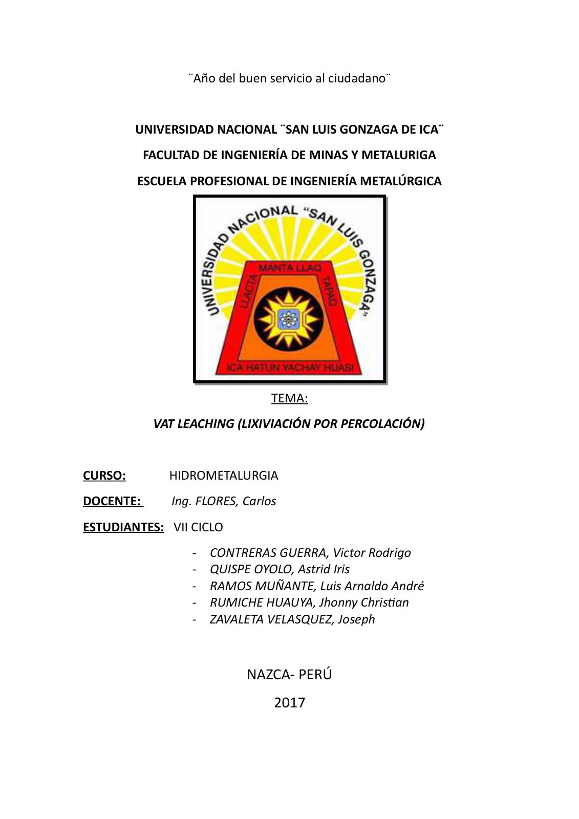 First page of Trabajo Monografico Vat Leaching