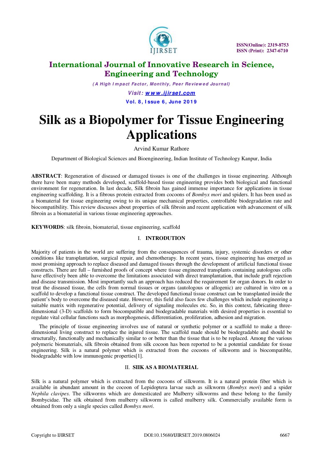 First page of Silk as a Biopolymer for Tissue Engineer