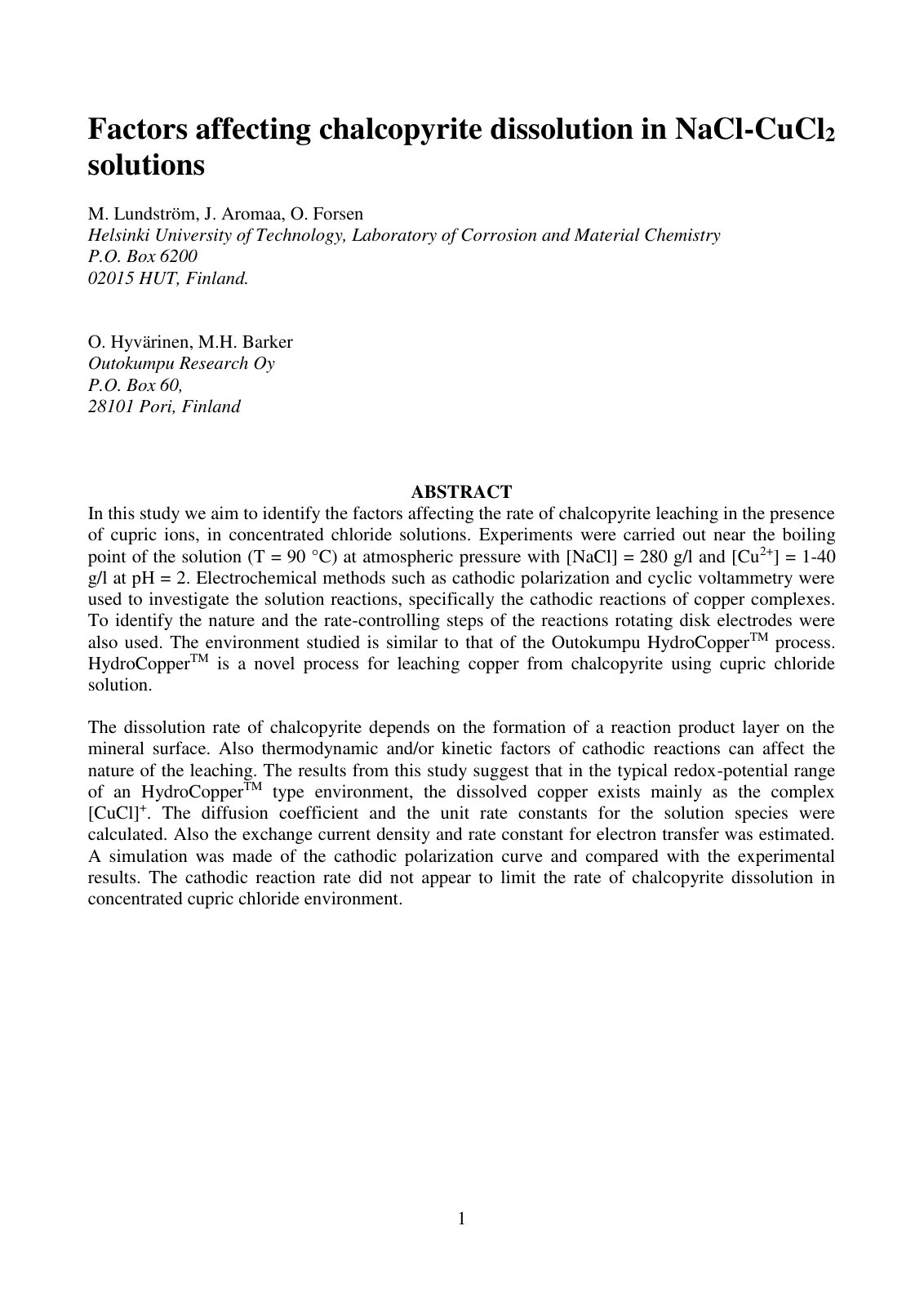 First page of Factors affecting chalcopyrite dissolution in NaCl-CuCl2 solutions