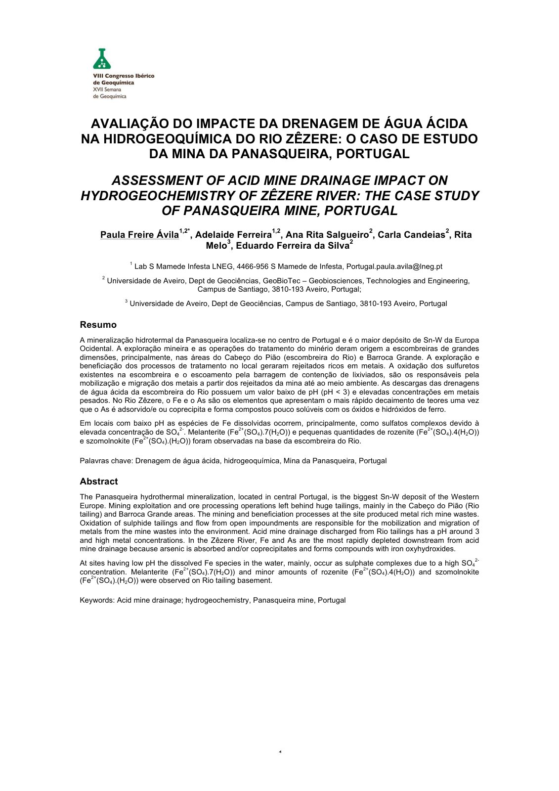 First page of AVALIAÇÃO DO IMPACTE DA DRENAGEM DE ÁGUA ÁCIDA NA HIDROGEOQUÍMICA DO RIO ZÊZERE: O CASO DE ESTUDO DA MINA DA PANASQUEIRA, PORTUGAL